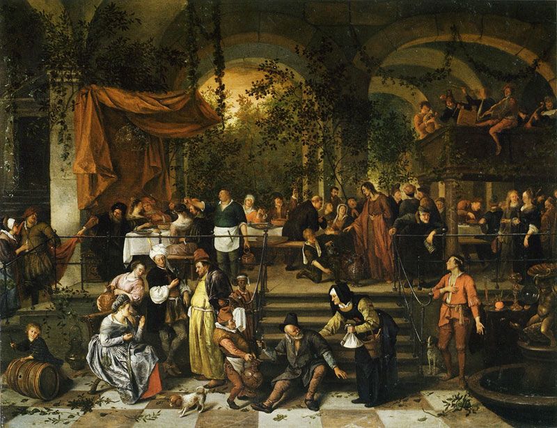 Wedding Feast at Cana - Jan Steen c.1670 - 1672 - this image shows a wine barrel in the bottom left corner, and a servant offering wine from a ceramic server