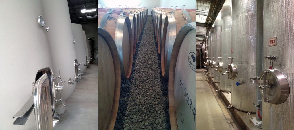 Common vessels for fermenting wine: Concrete tanks, oak barrels, and stainless steel tanks