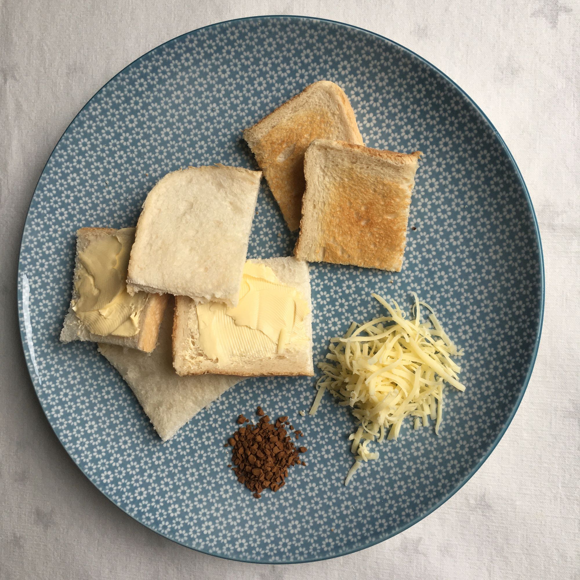 Plate with Secondary Aroma objects - bread, butter, toast, cheese, coffee